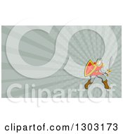 Clipart Of A Retro Cartoon Male Knight In Armor Holding A Sword And Shield And Rays Background Or Business Card Design Royalty Free Illustration