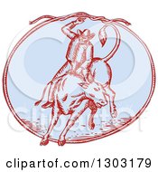 Clipart Of A Sketched Or Engraved Rodeo Cowboy Swinging A Lasso On A Bull In An Oval Royalty Free Vector Illustration