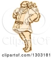 Poster, Art Print Of Sketched Or Engraved Santa Standing With A Christmas Sack Over His Shoulder