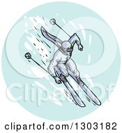 Clipart Of A Sketched Or Engraved Skier Slaloming Royalty Free Vector Illustration