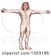 Clipart Of A Sketched Or Engraved Vitruvian Man Royalty Free Vector Illustration