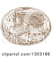 Sketched Or Engraved Log Cabin With Smoke Rising Rom The Chimney In An Oval