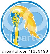 Clipart Of A Retro Hand Holding Up A Torch In A Blue And White Circle Royalty Free Vector Illustration by patrimonio