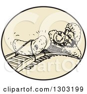 Poster, Art Print Of Date Fruit Tied To A Track With A Steam Train Approaching In A Circle