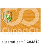 Clipart Of A Retro Cartoon White Male Musician Playing A Guitar And Orange Rays Background Or Business Card Design Royalty Free Illustration