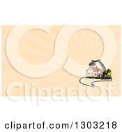 Clipart Of A Retro Cartoon Excavator And House On A Blueprint Page And Pastel Orange Rays Background Or Business Card Design Royalty Free Illustration