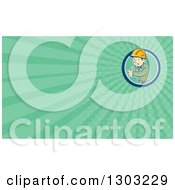 Retro Cartoon White Male Construction Worker Foreman Giving A Thumb Up And Green Rays Background Or Business Card Design