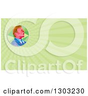 Clipart Of A Retro Geometric White Businessman Or Politician Speaking And Green Rays Background Or Business Card Design Royalty Free Illustration