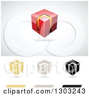 Clipart Of A 3d Floating Red And Orange Smart Cube Over Flat Versions With Shadows Royalty Free Vector Illustration