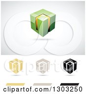 Clipart Of A 3d Floating Green And Orange Smart Cube Over Flat Versions With Shadows Royalty Free Vector Illustration