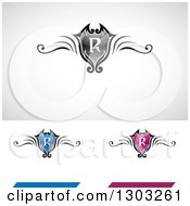 Clipart Of Black Blue And Pink Letter R Royal Shields With Swirls Royalty Free Vector Illustration