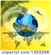 Poster, Art Print Of Blue Earth Globe With Sunglasses Over A Map With An Airplane And Palm Branches On Yellow