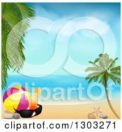 Poster, Art Print Of Cocktail With A Ball And Sunglasses On A Tropical Beach On A Beautiful Day