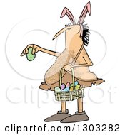 Clipart Of A Cartoon Hairy Caveman Wearing Bunny Ears Holding A Basket And An Easter Egg Royalty Free Vector Illustration by djart
