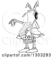 Lineart Clipart Of A Cartoon Black And White Hairy Caveman Wearing Bunny Ears Holding A Basket And An Easter Egg Royalty Free Outline Vector Illustration by djart