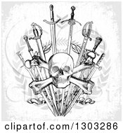 Clipart Of A Black And White Skull And Crossbones Over Swords Wreaths And Gray Grunge Royalty Free Vector Illustration