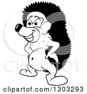 Poster, Art Print Of Black And White Cartoon Happy Hedgehog With Hands On Hips