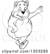 Lineart Clipart Of A Black And White Cartoon Happy Bear Leaning Royalty Free Outline Vector Illustration