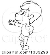 Lineart Clipart Of A Black And White Cartoon Boy Presenting Royalty Free Outline Vector Illustration by dero