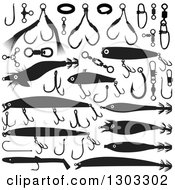 Clipart Of Black And White Fishing Lures And Hooks Royalty Free Vector Illustration by Any Vector