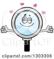 Clipart Of A Cartoon Loving Magnifying Glass Character With Open Arms And Hearts Royalty Free Vector Illustration