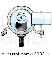 Poster, Art Print Of Cartoon Happy Magnifying Glass Character Holding A Blank Sign