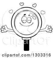Lineart Clipart Of A Cartoon Black And White Loving Magnifying Glass Character With Open Arms And Hearts Royalty Free Outline Vector Illustration by Cory Thoman