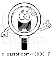 Lineart Clipart Of A Cartoon Black And White Smart Magnifying Glass Character With An Idea Royalty Free Outline Vector Illustration