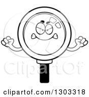 Lineart Clipart Of A Cartoon Black And White Mad Magnifying Glass Character Waving Fists Royalty Free Outline Vector Illustration by Cory Thoman