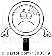Lineart Clipart Of A Cartoon Black And White Sad Depressed Magnifying Glass Character Pouting Royalty Free Outline Vector Illustration by Cory Thoman