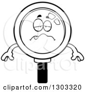 Lineart Clipart Of A Cartoon Black And White Sick Or Drunk Magnifying Glass Character Royalty Free Outline Vector Illustration by Cory Thoman