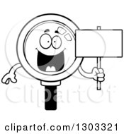 Poster, Art Print Of Cartoon Black And White Happy Magnifying Glass Character Holding A Blank Sign