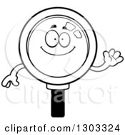 Poster, Art Print Of Cartoon Black And White Friendly Magnifying Glass Character Waving
