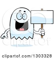 Clipart Of A Cartoon Happy Ghost Character Holding A Blank Sign Royalty Free Vector Illustration