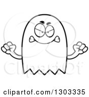 Outline Clipart Of A Cartoon Black And White Angry Ghost Character Waving Fists Royalty Free Lineart Vector Illustration by Cory Thoman