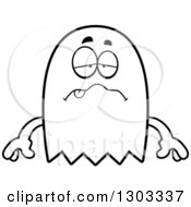 Outline Clipart Of A Cartoon Black And White Sick Or Drunk Ghost Character Royalty Free Lineart Vector Illustration