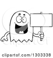 Outline Clipart Of A Cartoon Black And White Happy Ghost Character Holding A Blank Sign Royalty Free Lineart Vector Illustration