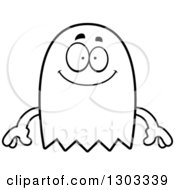 Outline Clipart Of A Cartoon Black And White Happy Ghost Character Smiling Royalty Free Lineart Vector Illustration by Cory Thoman