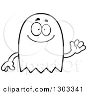 Outline Clipart Of A Cartoon Black And White Friendly Ghost Character Waving Royalty Free Lineart Vector Illustration