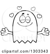 Outline Clipart Of A Cartoon Black And White Loving Ghost Character With Open Arms And Hearts Royalty Free Lineart Vector Illustration by Cory Thoman