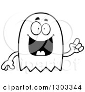 Outline Clipart Of A Cartoon Black And White Smart Ghost Character With An Idea Royalty Free Lineart Vector Illustration