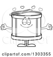 Poster, Art Print Of Cartoon Black And White Loving Musical Drums Character With Open Arms And Hearts