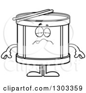Outline Clipart Of A Cartoon Black And White Sick Or Drunk Musical Drums Character Royalty Free Lineart Vector Illustration