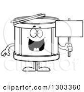 Poster, Art Print Of Cartoon Black And White Happy Musical Drums Character Holding A Blank Sign
