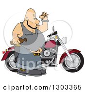 Clipart Of A Chubby Tattooed Bald White Male Biker Holding A Beer Bottle By His Motorcycle Royalty Free Vector Illustration