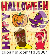 Clipart Of A Happy Halloween Greeting With A Cat Witch Hat Tombstone And Pumpkin On Yellow Royalty Free Vector Illustration