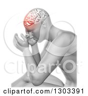 Clipart Of A 3d Anatomical Man With A Visible Brain And Red Head Pain Over White Royalty Free Illustration
