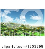 Poster, Art Print Of 3d Hillside With Grass Buttercup And Daisy Flowers Against A Sky With Puffy Clouds