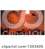 Poster, Art Print Of 3d Foreign Planet Landscape With A Spaceship And Sun