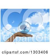 Poster, Art Print Of 3d Caucasian Female Hand Holding A Tree In A Sphere Over Blue Sky And Clouds